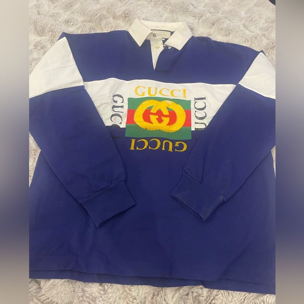 Gucci Mens Rugby Blue Polo Logo Long Sleeve T Shirt Sz M - Picture 6 of 9
